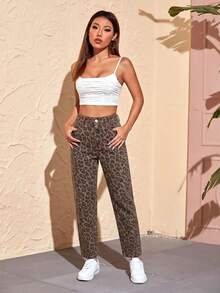 SHEIN PETITE Women's Fashion Versatile Leopard Print Button Pocket Denim Jeans - Multicolor - View 5