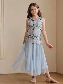 Anewsta Tween Girl Party Dress Summer Sleeveless Blue Water-Soluble Floral Patchwork Random Beaded Mesh Dress For Girls Mid-To-Large Children Luxury Evening And Occasion Dresses, Wedding, Party - Blue - View 3