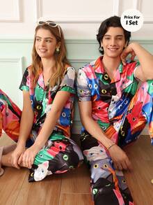 Chillnights Couples Young Cute Fun Vibrant Cat Print Lapel Front-Opening Satin Men's Loungewear Set - Multicolor - View 6