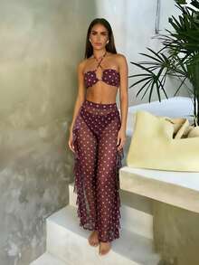 Swim Vcay Women's Summer Beach Vacation Pink Halter Neck Tie Sexy Tropical Bikini And Triangle Bottoms Two-Piece Swimsuit Set With Long Pants - Multicolor - View 1