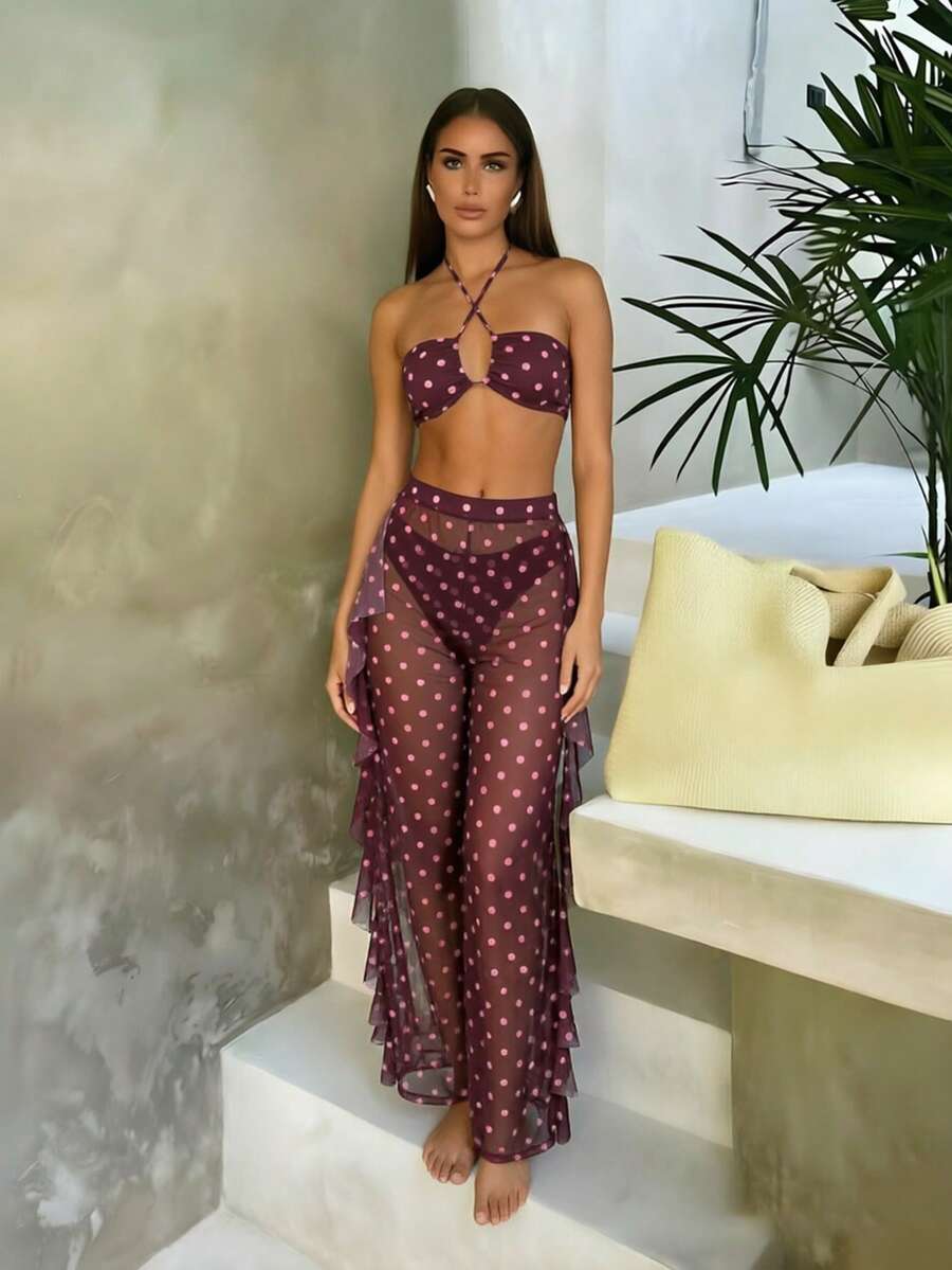 Swim Vcay Women's Summer Beach Vacation Pink Halter Neck Tie Sexy Tropical Bikini And Triangle Bottoms Two-Piece Swimsuit Set With Long Pants - Multicolor - View 1