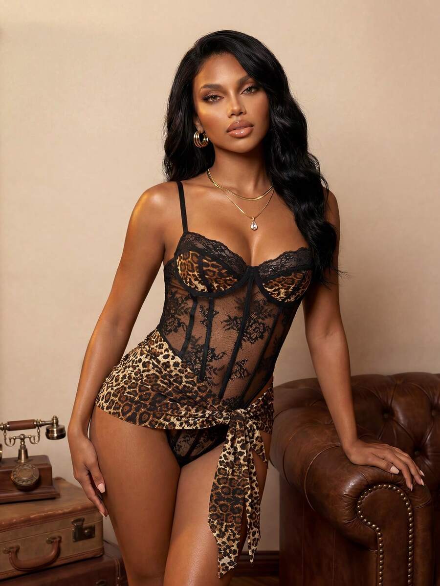 Bare Chapter 2pcs/Set Sexy Leopard Lace Up Bodycon Mini Skirt And Bodysuits For Going Out - Multicolor - View 1
