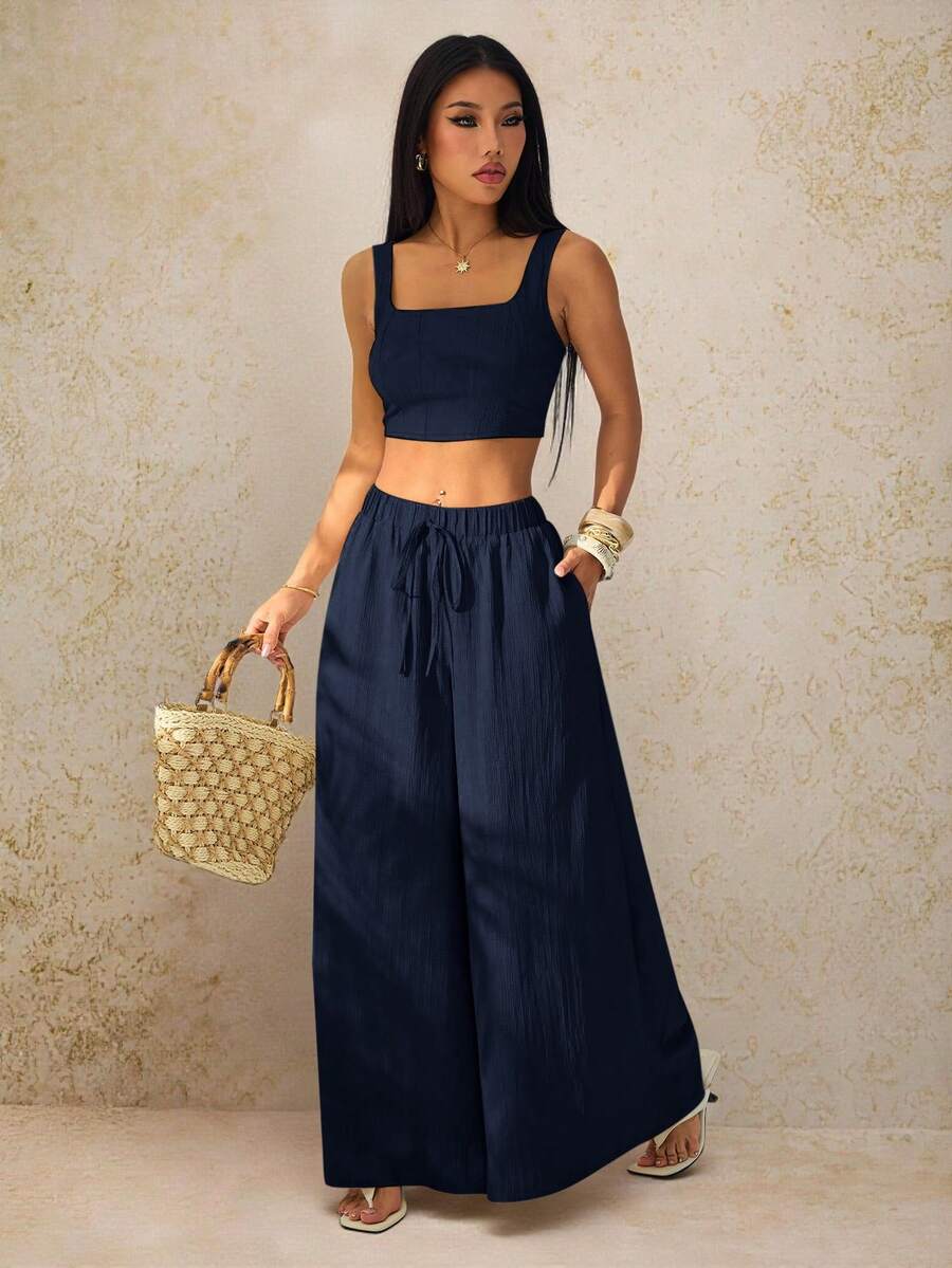 SHEIN PETITE 新款春夏度假休閒魚骨肩帶上衣與寬腿口袋長褲兩件套,紋理面料套裝 - B - 藏蓝色 - 查看 1