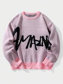 Manfinity EMRG 男士秋冬休閒字母印花針織衫 - 粉色 - 查看 1