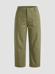 lacRébo Relaxed Khaki Mid-Rise Waisted Cargo Pants With Patch Pockets And Tapered Legs Autumn Going Out Office Work Pants Casual - Green - View 6