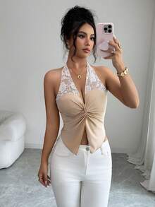 SHEIN Clasi Women's Fashion Halter Neck Tie Strap Open Shoulder Lace Patchwork Twisted Chest Design Elastic Slim Fit Glossy Tank Top, Summer Elegant Sexy White - Champagne - View 7