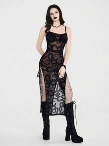 Breakform Gaun Maxi Slim Fit Gaya Gothic Gelap Musim Panas Wanita, Desain Belahan Samping dengan Tali Pengikat, Kain Jala Jacquard Berbulu Motif Ular, Tali Bahu Tipis - Hitam - View 7