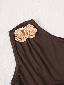 Tween Girls Solid Color Asymmetric Neck Sleeveless Wide Leg Jumpsuit Brown Back To School Style - Brown - View 4
