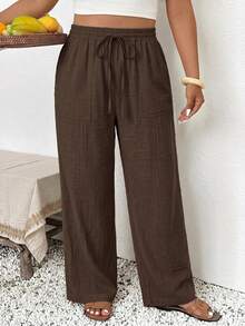 SHEIN Frenchy Casual Minimalist Brown Plus Size Pants Suitable For Summer Fall - Brown - View 4