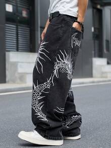 Manfinity EMRG 男士街頭風休閒刺繡黑色牛仔褲 - 黑色 - 查看 7