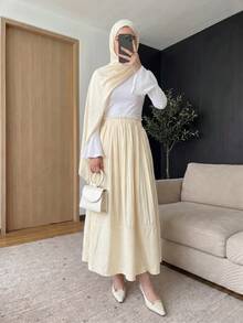 Solavon Rok Midi Liburan Elegan Serbaguna Berlipit Model A-Line Pinggang Tinggi Terbaru - Angsa kuning - View 5