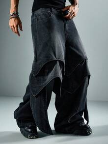 ROMWE MEN Street Life Men's Structural Asymmetric Button Pocket Loose Fit Jeans - Black - View 5