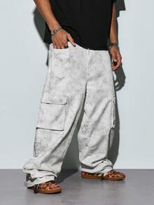 Modcrash Vintage Distressed Cargo Pants, Loose Wide Leg Pleated Design, Streetwear Multi-Pocket Casual Jeans - Light Grey - View 4