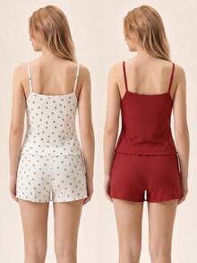 SHEIN Set pigiama casual da donna 2 pezzi, top senza maniche e pantaloncini da casa, in maglia a costine tinta unita rosa e bianca con motivo ciliegie, dettagli in pizzo a contrasto, comodo e casual - Multicolore - Visualizzare 2