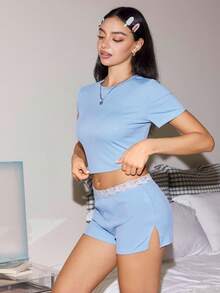 Lowkey Lull Women's Solid Color Short Sleeve T-Shirt And Shorts Loungewear Set - Baby Blue - View 2