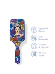 Frida Kahlo X SHEIN 1個藝術圖案印花方形氣墊梳，女性按摩梳，蓬鬆髮梳，女性長髮按摩梳，家用，乾濕兩用造型梳，美髮工具，美髮沙龍美容產品，女性髮飾，特別適合粉絲、花卉、藝術家、墨西哥風格、芙里達 - 藍色 - 查看 3