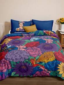 Frida Kahlo X SHEIN 3件組皇家藍花卉裝飾被套組，角色圖案，光滑、柔軟且保暖材質，多尺寸適用於單人床/雙人床/大床/特大床，禮物靈感，派對，節日，復古床上用品 - 寶蘭 - 查看 2