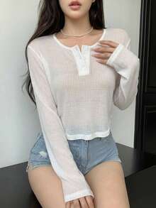 DAZY 女款純色鈕扣設計長袖度假夏季罩衫上衣 - 白色 - 查看 4