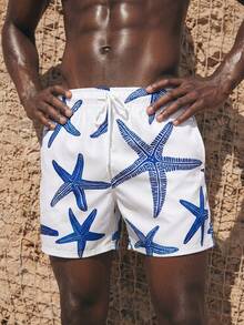 Manfinity KASUA Pantalones cortos de playa con estampado de estrella de mar y cintura con cordón para hombres de talla grande, vacaciones - Azul - Ver 4