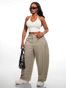 Radiana Plus Size Women's Plaid Button Spring/Summer Fashion Casual Loose Curved Leg Pants With Large Pockets - Multicolor - View 3