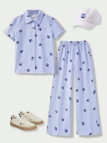 SHEIN Casuvi Kids 女童 2 件套休閒街頭風，適合度假、外出、上學，Ins 網紅風條紋蝴蝶結印花開襟短袖襯衫搭配直筒長褲，梭織克ريب數位印花工藝，適合春夏日常休閒穿著 - 藍色 - 查看 5