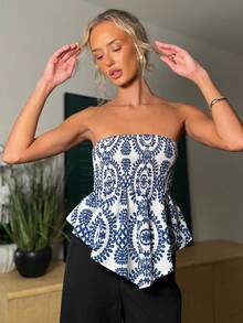 Brooke Lily Top tubo/cropped con estampado de plantas para vacaciones de mujer - Azul y blanco - Ver 6
