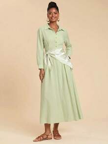 Travachic Women's Solid Color Long Sleeve Button Half-Placket Shirt Dress Teachers' Day Brunch Picnic Party Tea Party Sage Green Fall Casual French Elegant - Green - View 8
