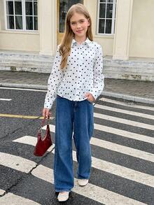 SHEIN 休閒優雅波點印花返校季女童百搭百搭白色襯衫，可休閒或正式穿著，適合畢業典禮與日常穿著 - 黑與白 - 查看 8