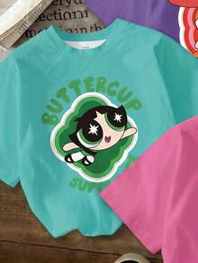THE POWERPUFF GIRLS X SHEIN T-shirt à manches courtes décontracté pour jeune fille, col rond, imprimé lettres et dessin animé, 3 pièces/set - Multicolore - Voir 4