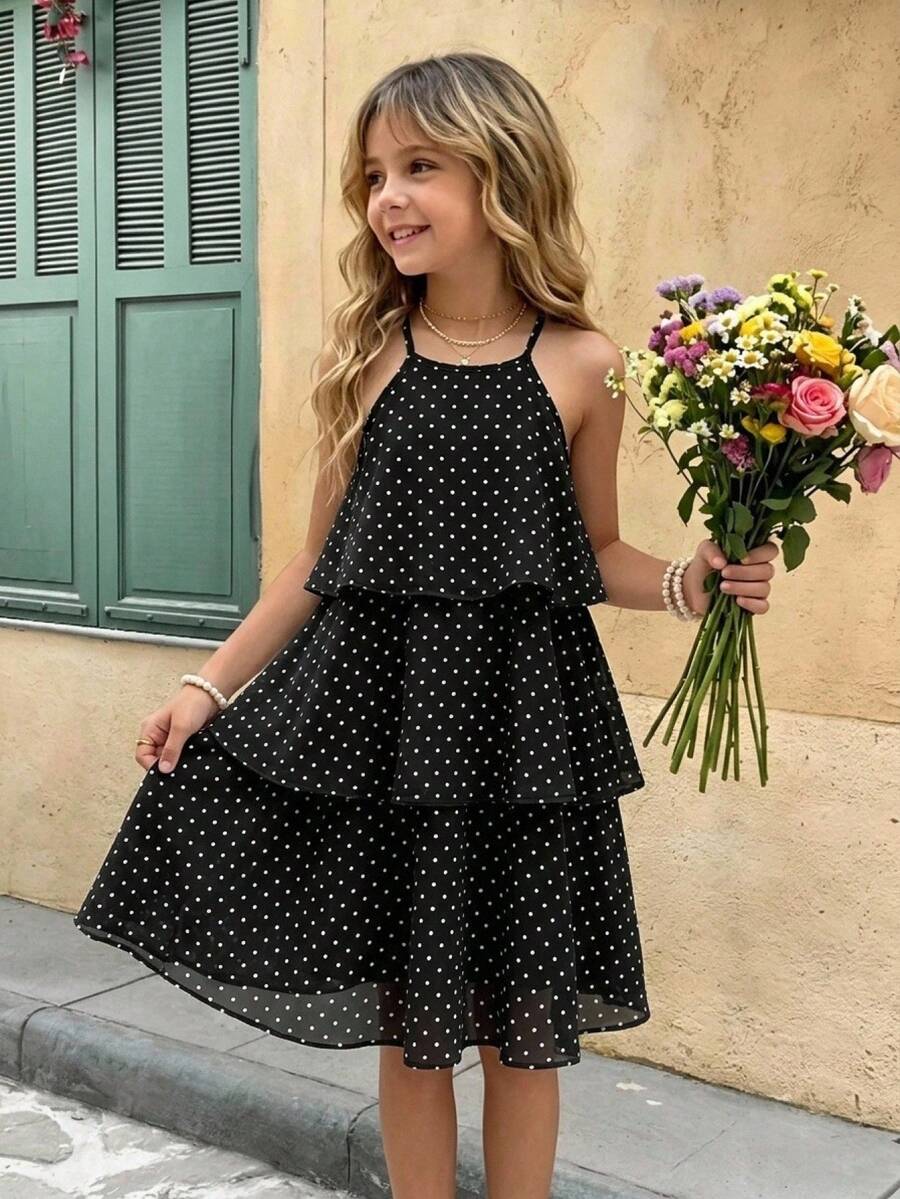 SHEIN Tween Girls' Pearl Chiffon Printed Polka Dot 3-Layer Cake Dress, Suitable For Summer Holidays - Black - View 1
