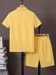 SHEIN Tween Boy Summer Casual Solid Color Shirt & Shorts 2 Pieces Set - Yellow - View 2