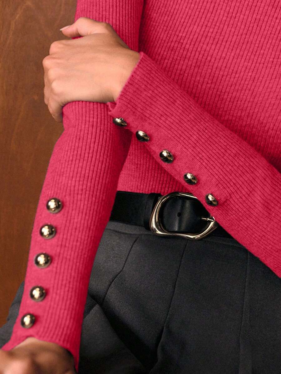 MOTF PREMIUM WOMEN'S AUTUMN/WINTER CASUAL DAILY COMMUTE MINIMALIST SOLID COLOR FUNNEL NECK SLIM FIT BASE LAYER SWEATER - Hot Pink - View 2