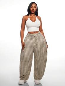 Radiana Plus Size Women's Plaid Button Spring/Summer Fashion Casual Loose Curved Leg Pants With Large Pockets - Multicolor - View 5