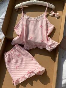 Comfortcana Cute Bow Decor Pink Striped Bow Print Camisole & Shorts Pajama Set - Pink - View 2