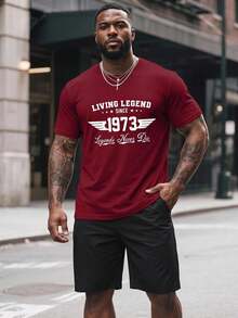Manfinity Roghcode Plus Size Men's Summer Letter Print Round Neck Short Sleeve Casual T-Shirt - Burgundy - View 1