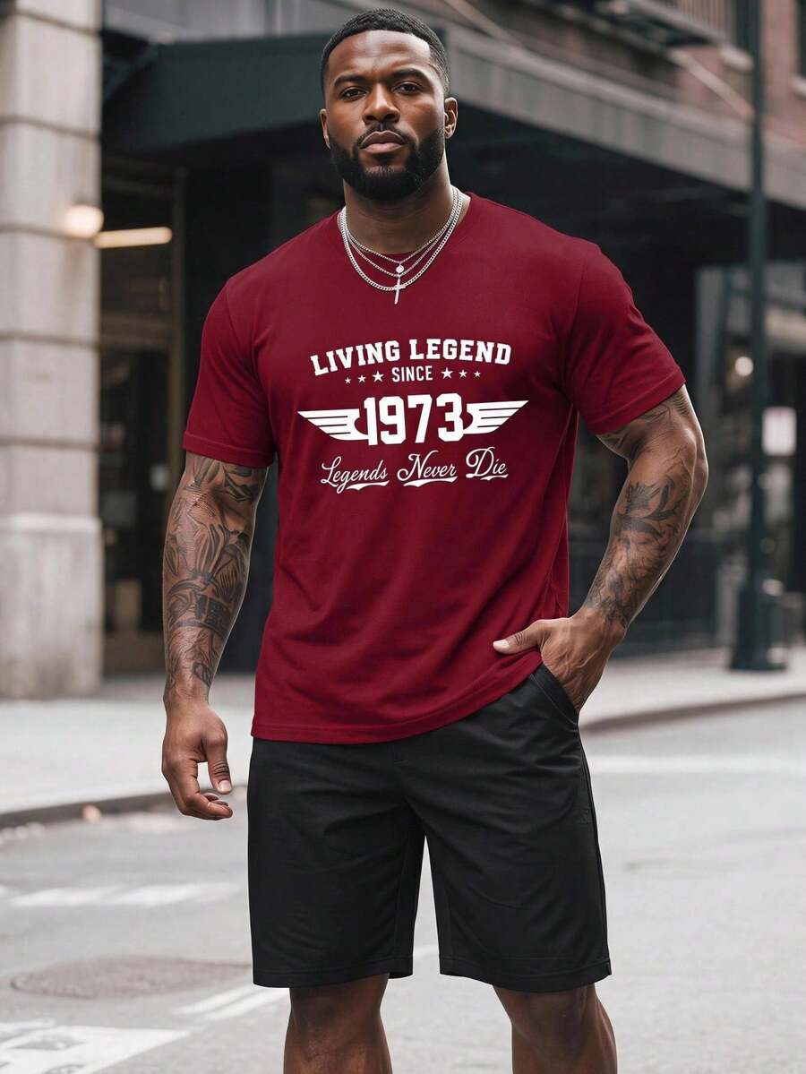 Manfinity Roghcode Plus Size Men's Summer Letter Print Round Neck Short Sleeve Casual T-Shirt - Burgundy - View 1