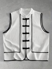 ROMWE MEN Street Life Men's Frog Button Lace Patchwork Contrast Color Fashion Denim Vest - Black and White - View 8