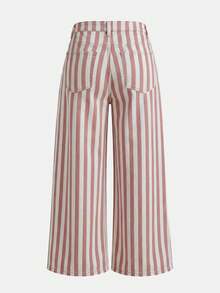 lacRébo Pink Stripe High-Waisted Straight Fit Cropped Jeans Summer Casual Cute Cotton Pants Vintage Back-To-School Everyday School Brunch - Pink - View 8