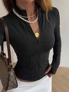 DAZY Ladies' Solid Color Simple Daily Zip-Up Jacket With Long Sleeves - Black - View 13
