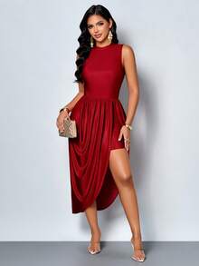 SOLERSUN Spring/Summer Women's Wear: Elegant And Charming, Perfect For Parties And Gatherings. Stretch Knit Fabric, Sleeveless, Stand Collar, Fitted, Front Slit, Gathered, Asymmetrical Hem, Midi Dress. - Burgundy - View 5