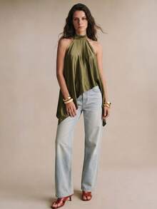 Poéselle Blusa casual asimétrica con cuello de halter en color verde, blusa elegante para mujer, blusas casuales para mujer, para vacaciones, estilo Y2K, blusa verde, blusa de verano, para mujer en primavera, blusa para salir para mujer, primavera/verano - Blanco y Negro - Ver 4