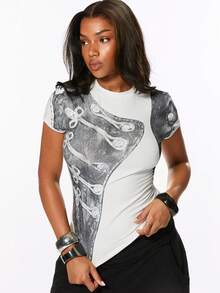 ROMWE Women's T-Shirt Napoleon Print White With Black Polka Dots Loose Punk Streetwear Graphic Hot Girl Spring Summer Y2K Going Out Night Out Daytime - White - View 5