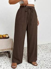 SHEIN Frenchy Casual Minimalist Brown Plus Size Pants Suitable For Summer Fall - Brown - View 6