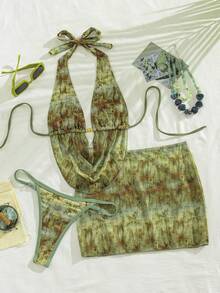 Swim SXY 女款性感復古紮染抓皺掛脖比基尼套裝，金色珠飾抽繩荷葉邊迷你裙罩衫，高衩丁字褲泳衣3件套，海灘度假泳裝 - 彩色 - 查看 4