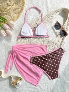 SHEIN 3件組泳衣套裝，掛脖三角上衣、三角泳褲、網紗罩衫，極簡親膚柔軟，適合女孩，適用夏季海灘、泳池、度假、戲水、時尚休閒、精緻游泳、夏日假期、海灘、泳池、夏季度假、夏季派對、休閒度假 - 彩色 - 查看 2