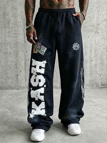 Resyla Men Men's Casual Letter Embroidery Distressed Washing Sweatpants, For Rave - Black - View 3
