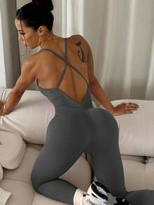 Slayform Slayform Women's Yoga Ribbed Jumpsuit Pants - Dark Grey - View 4