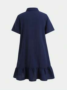 SHEIN 青少年女孩深藍色 Polo 領刺繡圖案荷葉邊休閒洋裝，校服風格，適合學校、戶外活動、購物、日常穿著 - 藏蓝色 - 查看 8