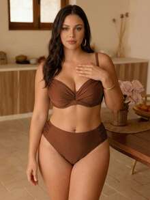 Swim Chiccia Plus Size Retro Burgundy Bikini Red,Summer,Classy,Beach,Holiday Twist Cup Uplift Support High Waist Side Ruched Solid Color 2-Piece Swimwear Set - Rust Brown - View 5