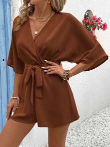 Vivid Eden Women's Summer V-Neck Criss-Cross Wrap Waist Tie-Up Textured Fabric Lace Trim Casual Vacation Romper - Brown - View 7